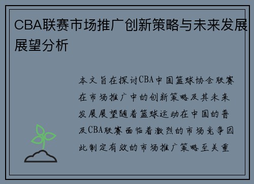 CBA联赛市场推广创新策略与未来发展展望分析